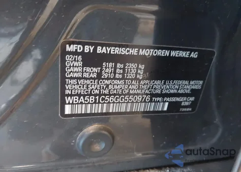 2016 BMW 535I z USA, uszkodzony, nr VIN WBA5B1C56GG550976